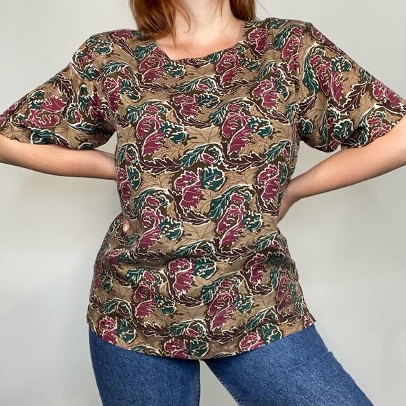 Vintage 80s Stunt Collections 100% Silk Neutral Brown Abstract Print Blouse Tee - Picture 6 of 13
